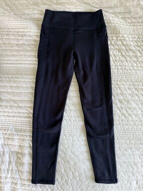 High-Waist Navy Fleece Leggings with Side Pockets